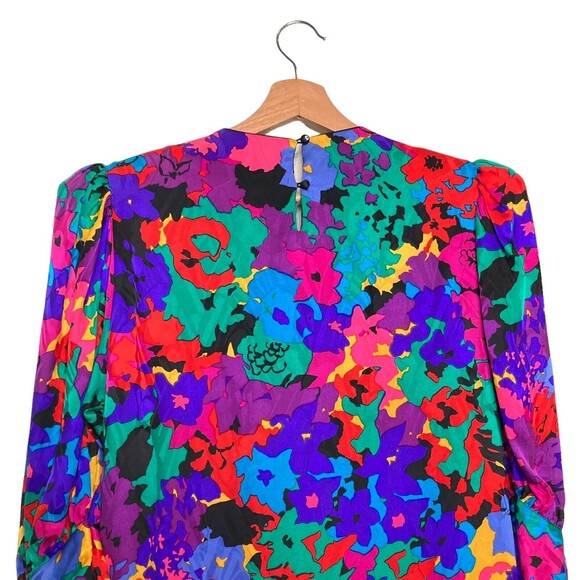 Flora Kung II New York Vintage Colorful 100% Silk Dress VTG Shoulder Pads Sz 10 - Picture 4 of 12